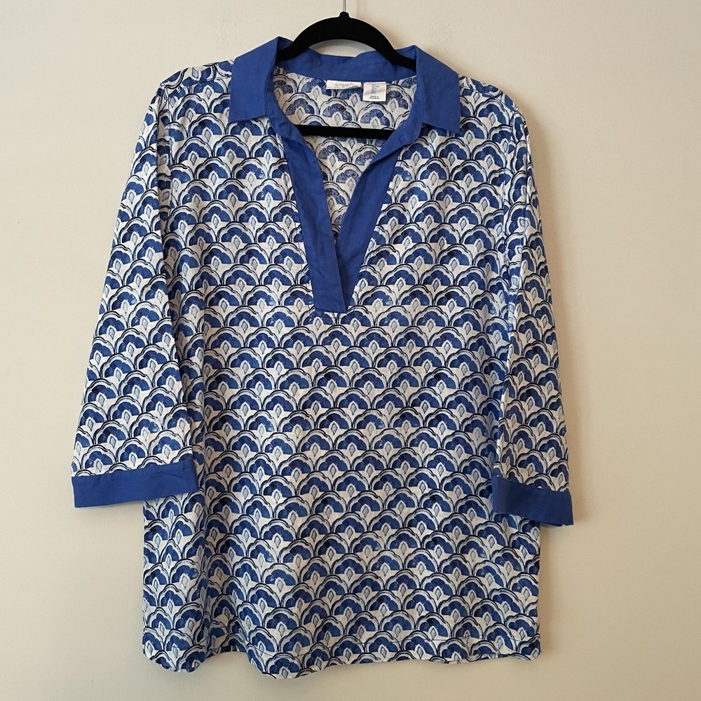Sigrid Olsen Linen Patterned Tunic Top Blue L Resort Beach Coastal Sustainable - Picture 1 of 10